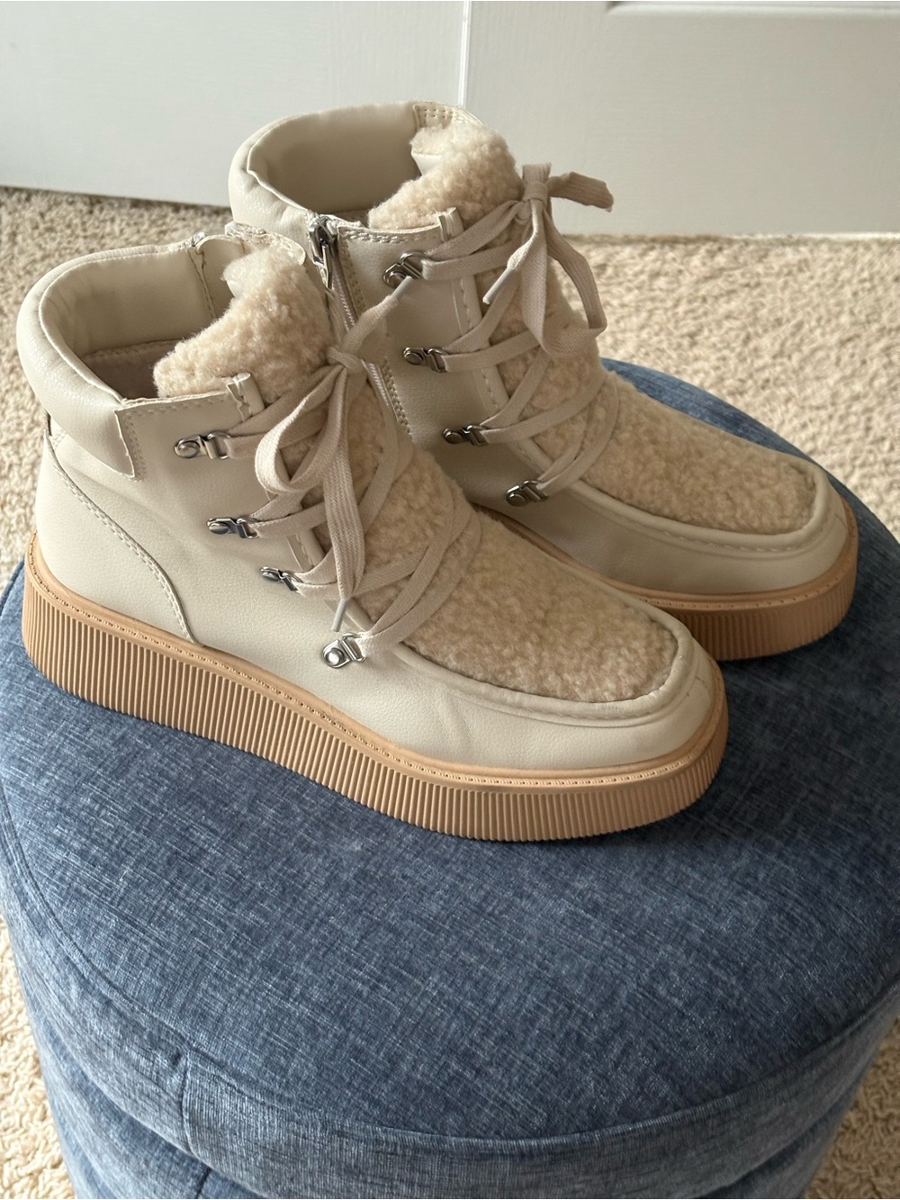 Dolce Vita Cream Shearling-Trim Platform Ankle Boots